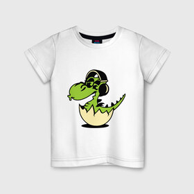 Детская футболка хлопок с принтом Дракоша в наушниках , 100% хлопок | круглый вырез горловины, полуприлегающий силуэт, длина до линии бедер | дракон в яйце | дракоша | дракоша в наушниках | дракоша в наушниках в яйце | зеленый дракоша