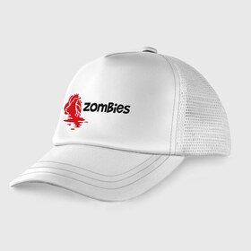 Детская кепка тракер с принтом i love zombies(я люблю зомби) , Козырек - 100% хлопок. Кепка - 100% полиэстер, Задняя часть - сетка | универсальный размер, пластиковая застёжка | Тематика изображения на принте: зомби