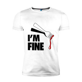 Мужская футболка премиум с принтом I `m Fine Fork , 92% хлопок, 8% лайкра | приталенный силуэт, круглый вырез ворота, длина до линии бедра, короткий рукав | Тематика изображения на принте: fine | вилка | кровь | я в порядке