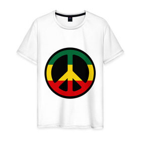 Мужская футболка хлопок с принтом Peace simbol , 100% хлопок | прямой крой, круглый вырез горловины, длина до линии бедер, слегка спущенное плечо. | reggae | мир | раста | растафари