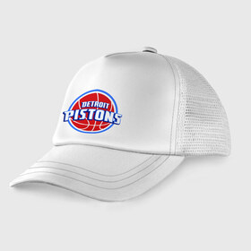 Детская кепка тракер с принтом Detroit Pistons - logo , Козырек - 100% хлопок. Кепка - 100% полиэстер, Задняя часть - сетка | универсальный размер, пластиковая застёжка | Тематика изображения на принте: basketball | nba | баскетболл | детроит | лого баскетбольных клубов | нба