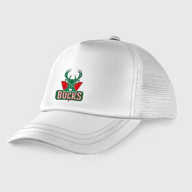 Детская кепка тракер с принтом Milwaukee Bucks - logo , Козырек - 100% хлопок. Кепка - 100% полиэстер, Задняя часть - сетка | универсальный размер, пластиковая застёжка | basketball | nba | баскетболл | лого баскетбольных клубов | нба