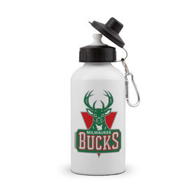 Бутылка спортивная с принтом Milwaukee Bucks - logo , металл | емкость — 500 мл, в комплекте две пластиковые крышки и карабин для крепления | Тематика изображения на принте: basketball | nba | баскетболл | лого баскетбольных клубов | нба