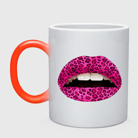 Кружка хамелеон с принтом Pink leopard lips , керамика | меняет цвет при нагревании, емкость 330 мл | lips | губы | леопард | помада | поцелуй