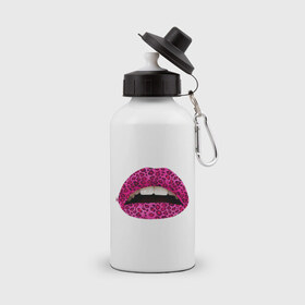 Бутылка спортивная с принтом Pink leopard lips , металл | емкость — 500 мл, в комплекте две пластиковые крышки и карабин для крепления | lips | губы | леопард | помада | поцелуй