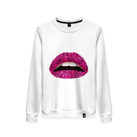 Женский свитшот хлопок с принтом Pink leopard lips , 100% хлопок | прямой крой, круглый вырез, на манжетах и по низу широкая трикотажная резинка  | lips | губы | леопард | помада | поцелуй