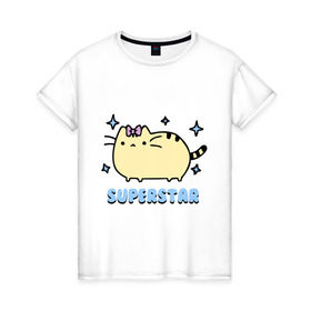 Женская футболка хлопок с принтом Superstar cat , 100% хлопок | прямой крой, круглый вырез горловины, длина до линии бедер, слегка спущенное плечо | super star | девушкам | для девушек | животные | кот | кошка | мило | супер звезда | суперзвезда