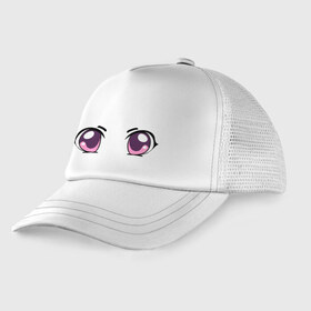 Детская кепка тракер с принтом Фиолетовые аниме глаза , Козырек - 100% хлопок. Кепка - 100% полиэстер, Задняя часть - сетка | универсальный размер, пластиковая застёжка | anime | взгляд | лицо