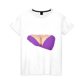 Женская футболка хлопок с принтом Фиолетовый бюстгалтер , 100% хлопок | прямой крой, круглый вырез горловины, длина до линии бедер, слегка спущенное плечо | бюстгалтер | грудь | женское тело | лифчик | тело | части тела