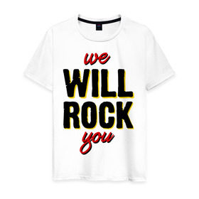 Мужская футболка хлопок с принтом We will rock you! , 100% хлопок | прямой крой, круглый вырез горловины, длина до линии бедер, слегка спущенное плечо. | freddie mercury | queen | классический рок | куин | рок группа | фредди меркьюри