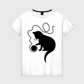 Женская футболка хлопок с принтом Котенок с клубком , 100% хлопок | прямой крой, круглый вырез горловины, длина до линии бедер, слегка спущенное плечо | клубок ниток и кот | кот с нитками | котенок с клубком | кошка | кошка с нитками | нитки