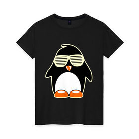 Женская футболка хлопок с принтом Пингвин в очках-жалюзи glow , 100% хлопок | прямой крой, круглый вырез горловины, длина до линии бедер, слегка спущенное плечо | пингвин