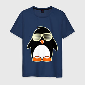 Мужская футболка хлопок с принтом Пингвин в очках-жалюзи glow , 100% хлопок | прямой крой, круглый вырез горловины, длина до линии бедер, слегка спущенное плечо. | пингвин