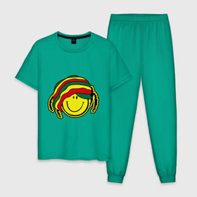 Мужская пижама хлопок с принтом Cмайл-растаман , 100% хлопок | брюки и футболка прямого кроя, без карманов, на брюках мягкая резинка на поясе и по низу штанин
 | дреды | настроение | позитив | раста | смайлик | улыбка