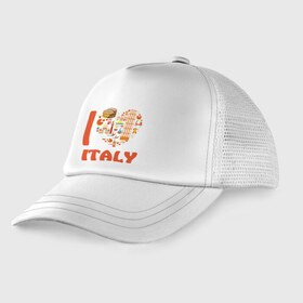 Детская кепка тракер с принтом Я люблю Италию , Козырек - 100% хлопок. Кепка - 100% полиэстер, Задняя часть - сетка | универсальный размер, пластиковая застёжка | башня пейзанская | италия | колизей | пицца | я люблю италию