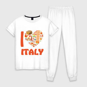 Женская пижама хлопок с принтом Я люблю Италию , 100% хлопок | брюки и футболка прямого кроя, без карманов, на брюках мягкая резинка на поясе и по низу штанин | башня пейзанская | италия | колизей | пицца | я люблю италию