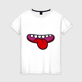 Женская футболка хлопок с принтом Зубастый рот и язычок , 100% хлопок | прямой крой, круглый вырез горловины, длина до линии бедер, слегка спущенное плечо | зубастый | зубастый рот | зубастый рот и язычок | рот | рот язычок | язычок