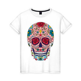 Женская футболка хлопок с принтом Oldschool skull , 100% хлопок | прямой крой, круглый вырез горловины, длина до линии бедер, слегка спущенное плечо | oldschool | skull | олд скул | олдскул | цветочный орнамент | цветы | череп | черепа