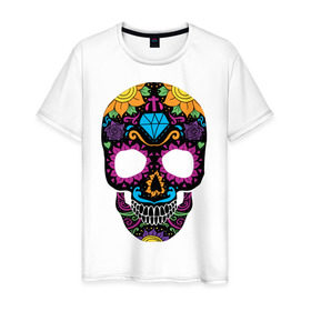 Мужская футболка хлопок с принтом Skull mexica , 100% хлопок | прямой крой, круглый вырез горловины, длина до линии бедер, слегка спущенное плечо. | skull | мексика | мексиканский череп | череп | черепа