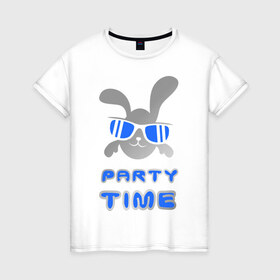 Женская футболка хлопок с принтом It `s party time , 100% хлопок | прямой крой, круглый вырез горловины, длина до линии бедер, слегка спущенное плечо | вечеринка | зайчик | заяц | клубные | очки | тусовка