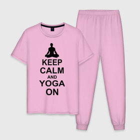 Мужская пижама хлопок с принтом Keep calm and yoga on , 100% хлопок | брюки и футболка прямого кроя, без карманов, на брюках мягкая резинка на поясе и по низу штанин
 | йога | ом | спорт