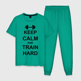 Мужская пижама хлопок с принтом Keep calm and train hard , 100% хлопок | брюки и футболка прямого кроя, без карманов, на брюках мягкая резинка на поясе и по низу штанин
 | keep calm | keep calm and train hard | train hard | гантель