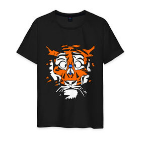 Мужская футболка хлопок с принтом Тигр и муха , 100% хлопок | прямой крой, круглый вырез горловины, длина до линии бедер, слегка спущенное плечо. | Тематика изображения на принте: 