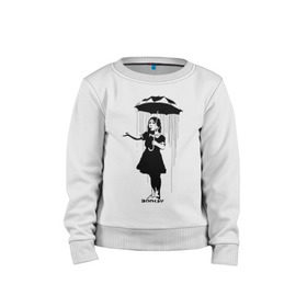 Детский свитшот хлопок с принтом Girl in rain (Banksy) , 100% хлопок | круглый вырез горловины, эластичные манжеты, пояс и воротник | Тематика изображения на принте: бэнкси | граффити | девочка | дождь | зонт