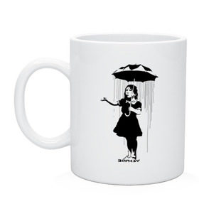 Кружка с принтом Girl in rain (Banksy) , керамика | объем — 330 мл, диаметр — 80 мм. Принт наносится на бока кружки, можно сделать два разных изображения | бэнкси | граффити | девочка | дождь | зонт