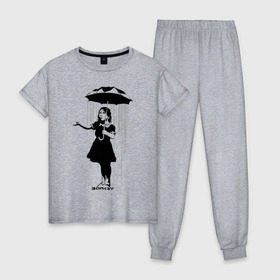 Женская пижама хлопок с принтом Girl in rain (Banksy) , 100% хлопок | брюки и футболка прямого кроя, без карманов, на брюках мягкая резинка на поясе и по низу штанин | бэнкси | граффити | девочка | дождь | зонт