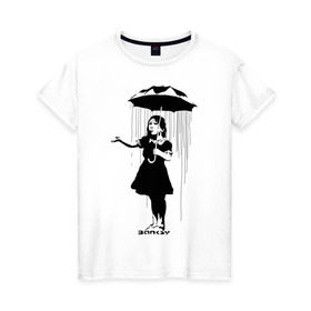 Женская футболка хлопок с принтом Girl in rain (Banksy) , 100% хлопок | прямой крой, круглый вырез горловины, длина до линии бедер, слегка спущенное плечо | Тематика изображения на принте: бэнкси | граффити | девочка | дождь | зонт
