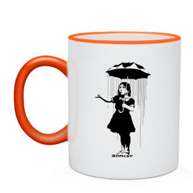 Кружка двухцветная с принтом Girl in rain (Banksy) , керамика | объем — 330 мл, диаметр — 80 мм. Цветная ручка и кайма сверху, в некоторых цветах — вся внутренняя часть | бэнкси | граффити | девочка | дождь | зонт