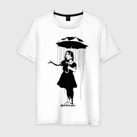 Мужская футболка хлопок с принтом Girl in rain (Banksy) , 100% хлопок | прямой крой, круглый вырез горловины, длина до линии бедер, слегка спущенное плечо. | бэнкси | граффити | девочка | дождь | зонт