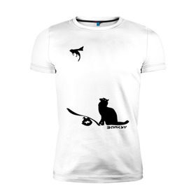 Мужская футболка премиум с принтом Cat and supermouse (Banksy) , 92% хлопок, 8% лайкра | приталенный силуэт, круглый вырез ворота, длина до линии бедра, короткий рукав | Тематика изображения на принте: бэнкси | граффити | киса | кот | котенок | котэ | кошка | мышка | супермышка
