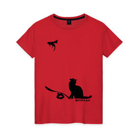 Женская футболка хлопок с принтом Cat and supermouse (Banksy) , 100% хлопок | прямой крой, круглый вырез горловины, длина до линии бедер, слегка спущенное плечо | бэнкси | граффити | киса | кот | котенок | котэ | кошка | мышка | супермышка