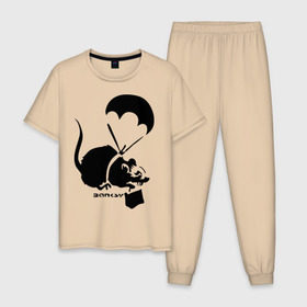 Мужская пижама хлопок с принтом Parachute rat (Banksy) , 100% хлопок | брюки и футболка прямого кроя, без карманов, на брюках мягкая резинка на поясе и по низу штанин
 | бэнкси | граффити | грызун | мышь | парашют