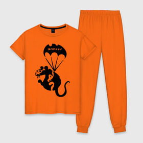 Женская пижама хлопок с принтом Rat with parachute (Banksy) , 100% хлопок | брюки и футболка прямого кроя, без карманов, на брюках мягкая резинка на поясе и по низу штанин | Тематика изображения на принте: бэнкси | граффити | грызун | животные | хомяк с парашютом
