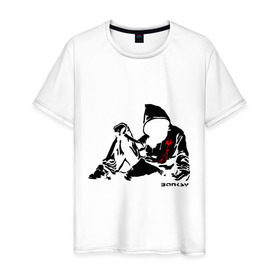 Мужская футболка хлопок с принтом Раненый парень (Banksy) , 100% хлопок | прямой крой, круглый вырез горловины, длина до линии бедер, слегка спущенное плечо. | бэнкси | граффити | кровь | парень | рана | силуэт