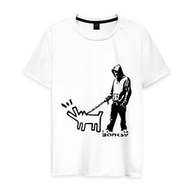 Мужская футболка хлопок с принтом Парень с собакой (Banksy) , 100% хлопок | прямой крой, круглый вырез горловины, длина до линии бедер, слегка спущенное плечо. | dog | бэнкси | граффити | собака