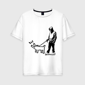 Женская футболка хлопок Oversize с принтом Парень с собакой (Banksy) , 100% хлопок | свободный крой, круглый ворот, спущенный рукав, длина до линии бедер
 | dog | бэнкси | граффити | собака