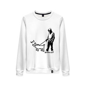 Женский свитшот хлопок с принтом Парень с собакой (Banksy) , 100% хлопок | прямой крой, круглый вырез, на манжетах и по низу широкая трикотажная резинка  | dog | бэнкси | граффити | собака