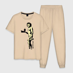 Мужская пижама хлопок с принтом Древний человек Бэнкси , 100% хлопок | брюки и футболка прямого кроя, без карманов, на брюках мягкая резинка на поясе и по низу штанин
 | Тематика изображения на принте: бэнкси | граффити | неандерталец | примат