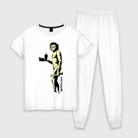 Женская пижама хлопок с принтом Древний человек Бэнкси , 100% хлопок | брюки и футболка прямого кроя, без карманов, на брюках мягкая резинка на поясе и по низу штанин | бэнкси | граффити | неандерталец | примат