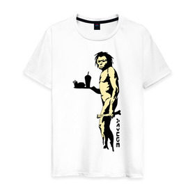 Мужская футболка хлопок с принтом Древний человек Бэнкси , 100% хлопок | прямой крой, круглый вырез горловины, длина до линии бедер, слегка спущенное плечо. | бэнкси | граффити | неандерталец | примат
