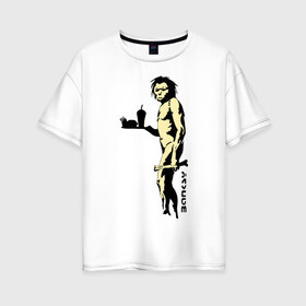 Женская футболка хлопок Oversize с принтом Древний человек Бэнкси , 100% хлопок | свободный крой, круглый ворот, спущенный рукав, длина до линии бедер
 | Тематика изображения на принте: бэнкси | граффити | неандерталец | примат