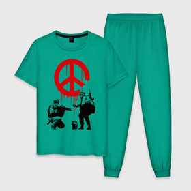 Мужская пижама хлопок с принтом Peace Banksy , 100% хлопок | брюки и футболка прямого кроя, без карманов, на брюках мягкая резинка на поясе и по низу штанин
 | бэнкси | граффити | люди | мир | оружие
