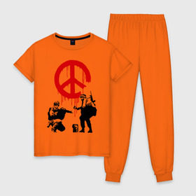 Женская пижама хлопок с принтом Peace Banksy , 100% хлопок | брюки и футболка прямого кроя, без карманов, на брюках мягкая резинка на поясе и по низу штанин | бэнкси | граффити | люди | мир | оружие