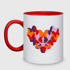 Кружка двухцветная с принтом Butterfly heart , керамика | объем — 330 мл, диаметр — 80 мм. Цветная ручка и кайма сверху, в некоторых цветах — вся внутренняя часть | Тематика изображения на принте: бабочки | девушкам | сердечко | сердце | узор