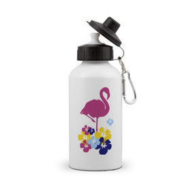 Бутылка спортивная с принтом Фламинго , металл | емкость — 500 мл, в комплекте две пластиковые крышки и карабин для крепления | летние | лето | птица | цветочки | цветы