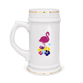 Кружка пивная с принтом Фламинго ,  керамика (Материал выдерживает высокую температуру, стоит избегать резкого перепада температур) |  объем 630 мл | летние | лето | птица | цветочки | цветы